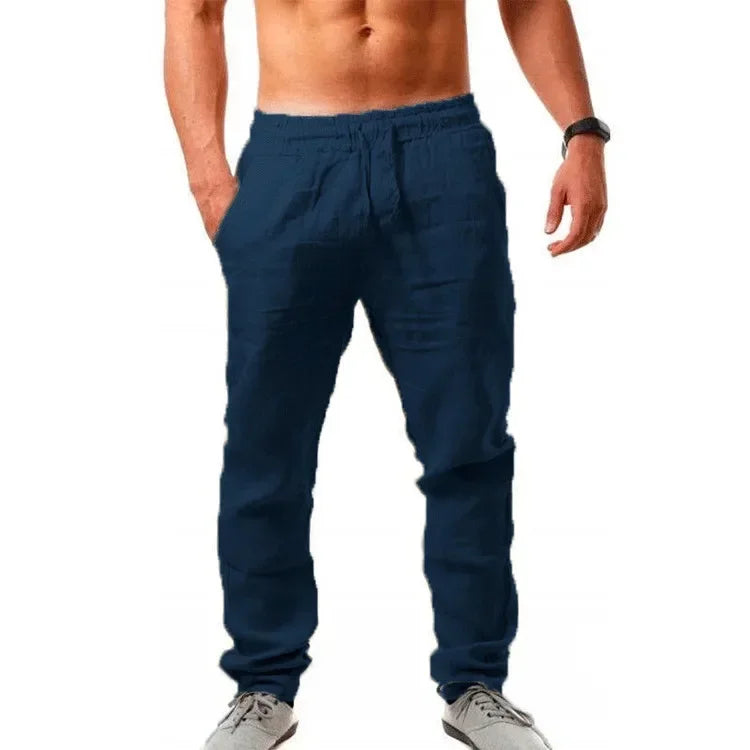 Pantalon de sport décontracté à la mode pour hommes, taille élastique, pantalon de couleur unie en coton et lin