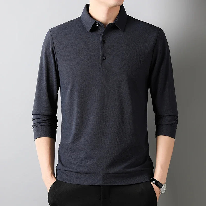 Men's Fashion Waffle Solid Long Sleeved Polo Shirt Summer Breathable Comfortable Top