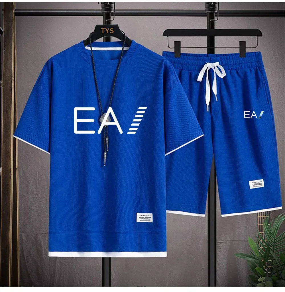 Men's summer new round necked short sleeved and shorts two-piece set with the letters EA1 printed, fashionable and casual set