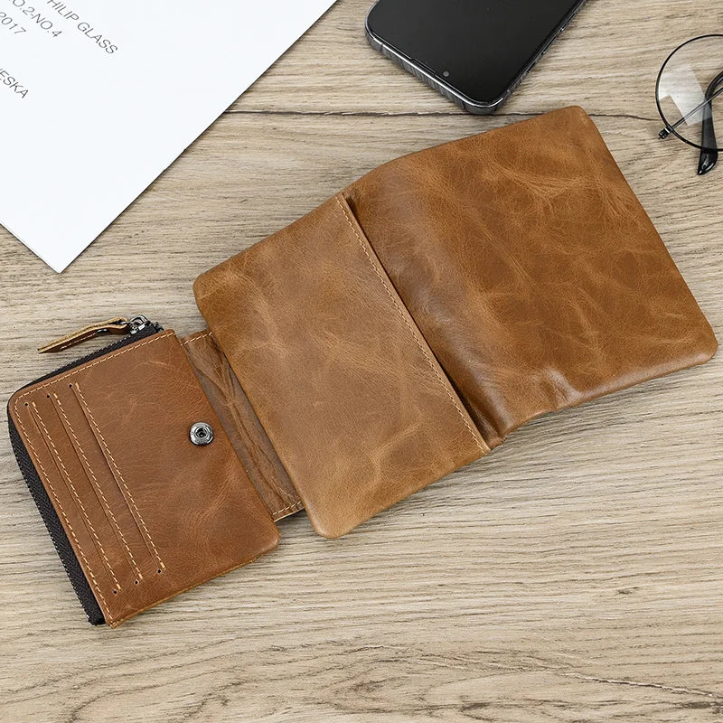 Leather Men‘s Short Wallet Hasp Genuine Leather Unisex Zipper Coin Clutch Purse Cowhide Card Holder Trifold Man wallets