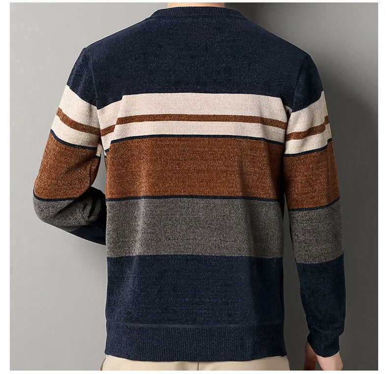 Pull en chenille pour homme, pull en tricot à rayures, haut d'automne et d'hiver, col rond, tricoté