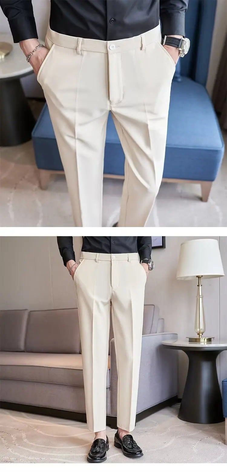 Men's Suit Pants Gray White Black Slim Business Casual Nine-point Pants Straight Plus Size Trousers Office Social Wedding