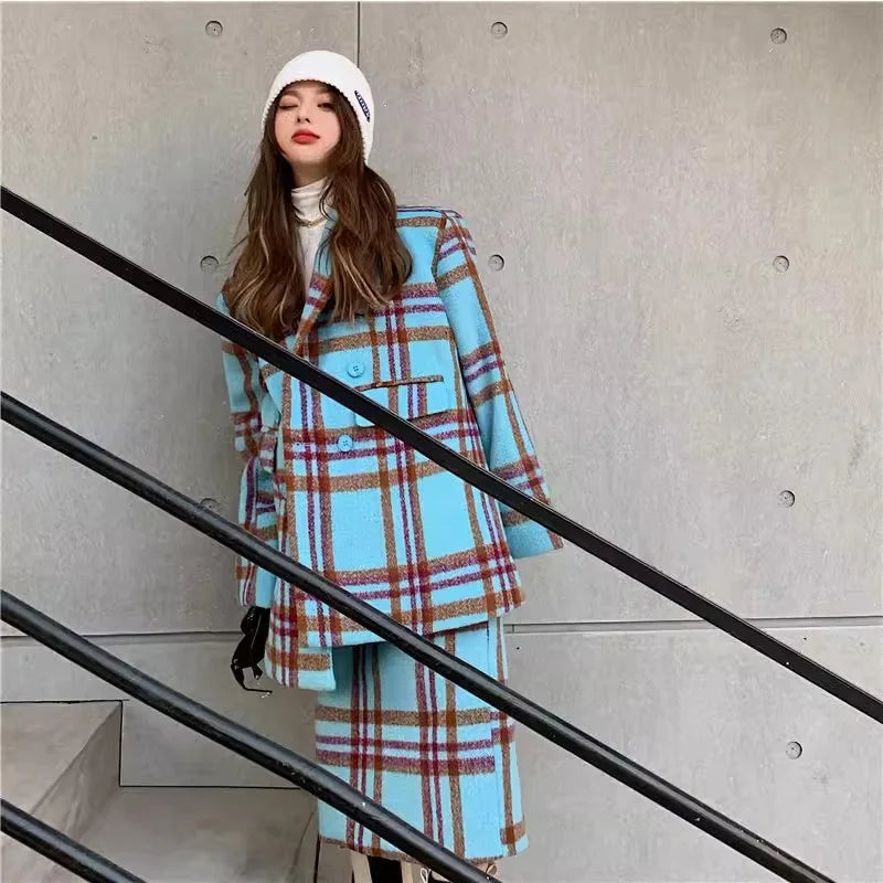 Checkered Suit Jacket for Women's Autumn/Winter 2024 Hong Kong Style Retro Small Fragrant Half Skirt Two-piece Set Trendy Trendy