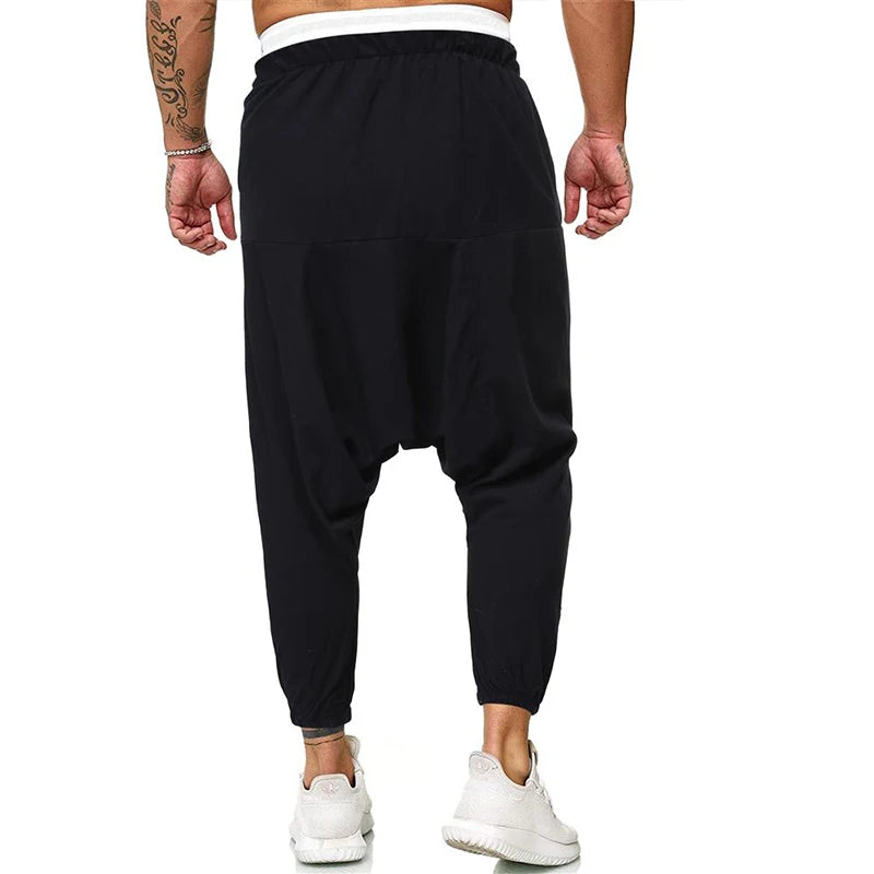 Fashion Cotton Linen Harem Pants Men Solid Elastic Waist Streetwear Joggers Baggy Drop-crotch Pants Casual Trousers Men