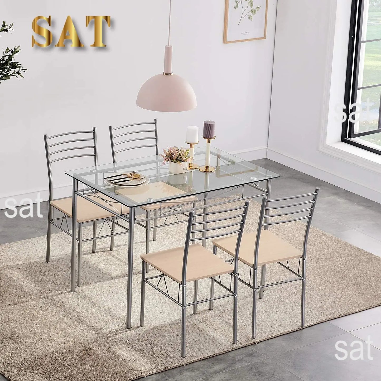 Kitchen Dining Room Sturdy Stable Table and Chairs 4, 5-Piece Dinette Sets, Space Saving (Silver), 43.3",Easy Assembly