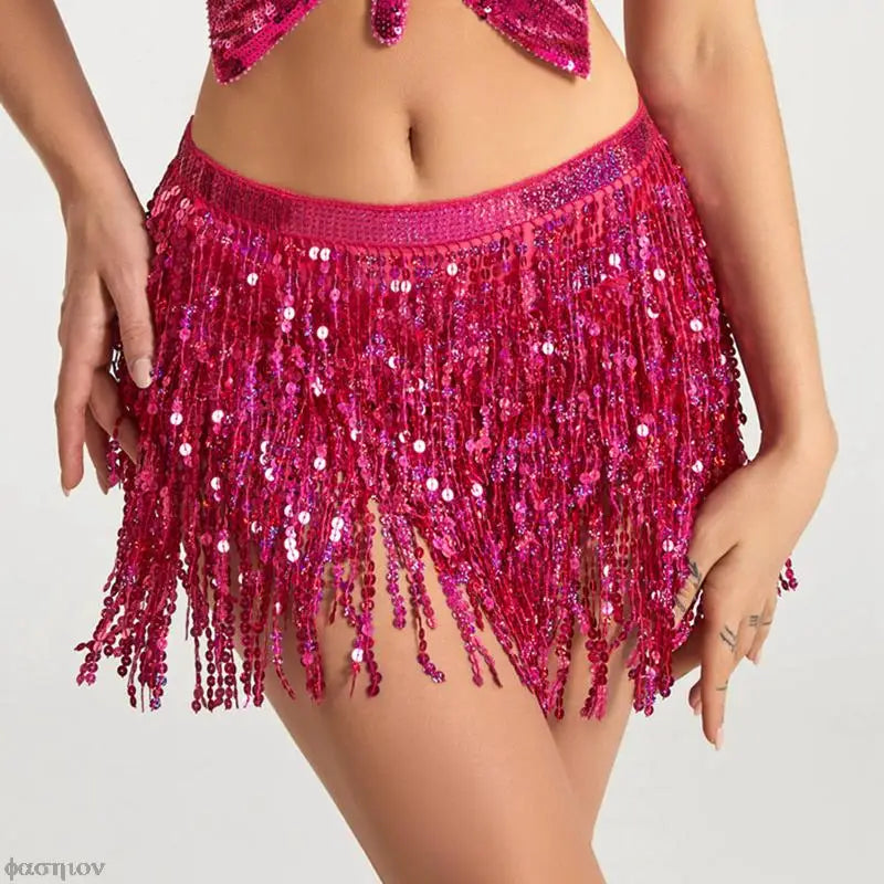 Jupe tutu sexy pour femme, danse du ventre, ceinture portefeuille, paillettes, pompon, écharpe, robe d'été, costume, jupe à franges