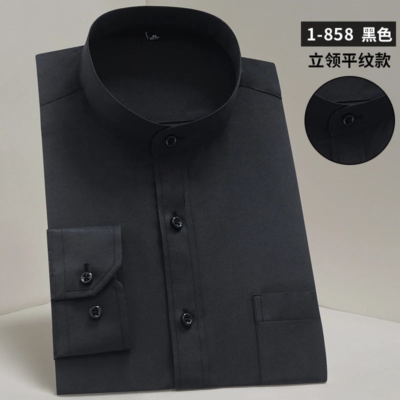 Stand Collar Shirt Men's Long Sleeve Chinese Style Tang Suit Breathable Anti-Wrinkle Easy Care Business Casual Dress Shirts