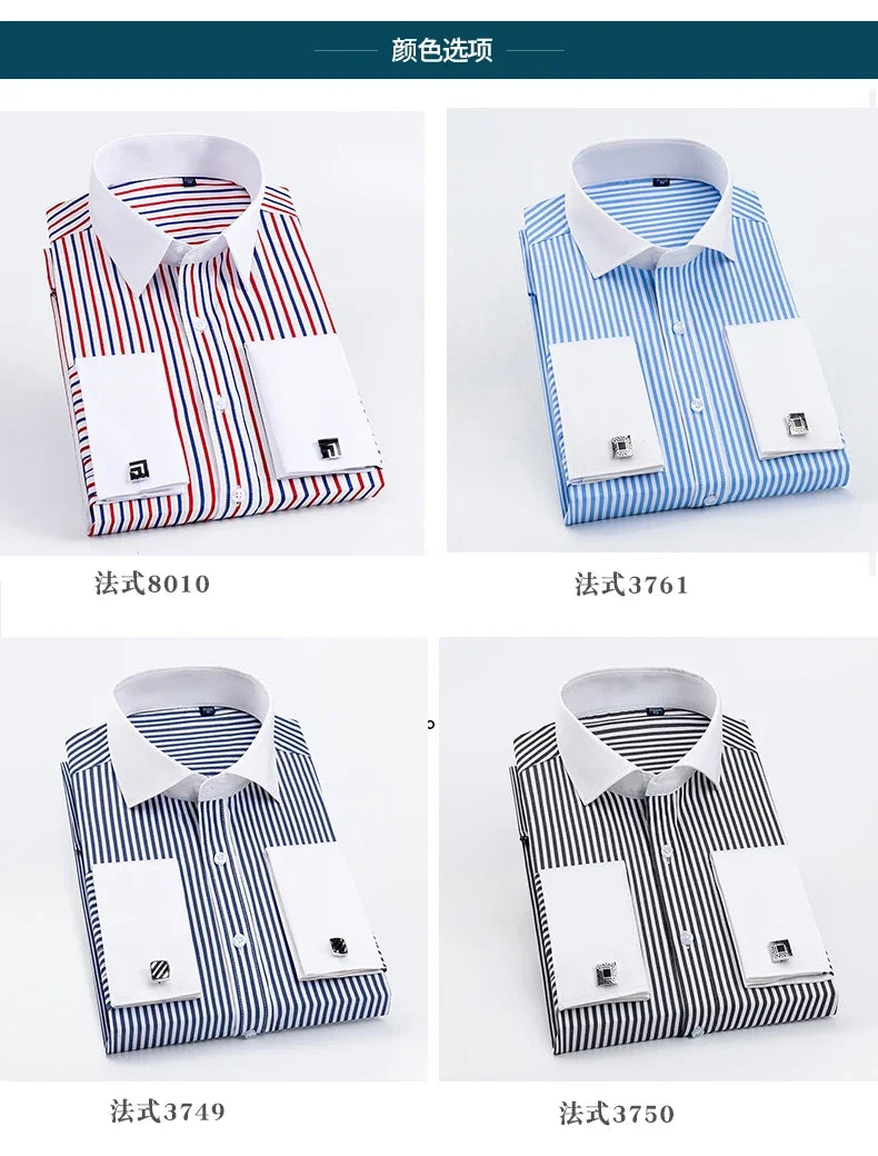 Men's French cufflink shirt with slim fit and contrasting color collar, Windsor collar, striped formal long sleeved shir