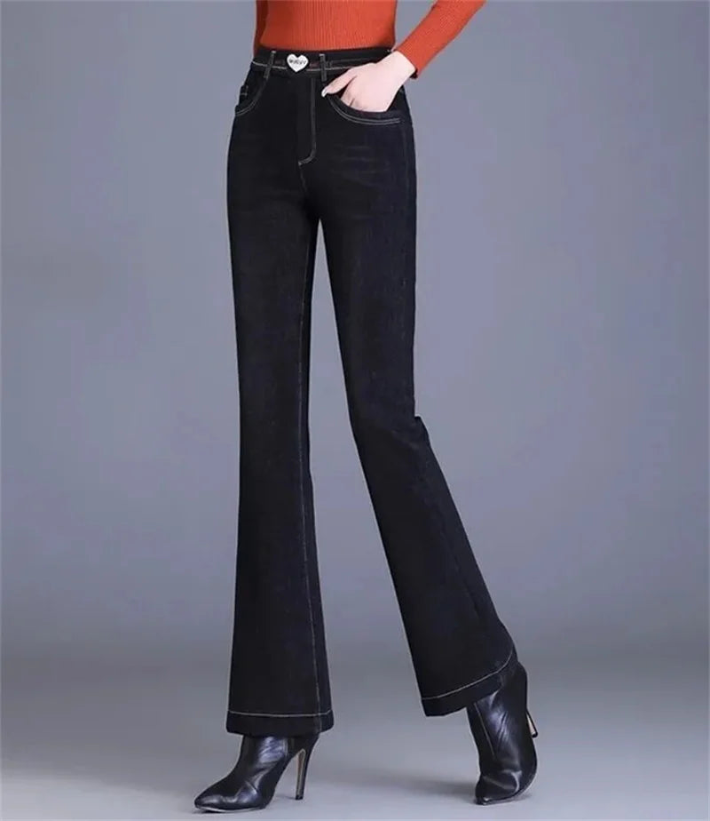 Winter Plush Velvet Lined Flare Denim Pants Skinny Casual Warm Thicken High Waist Women Jeans Snow Wear New Stretch Vaqueros