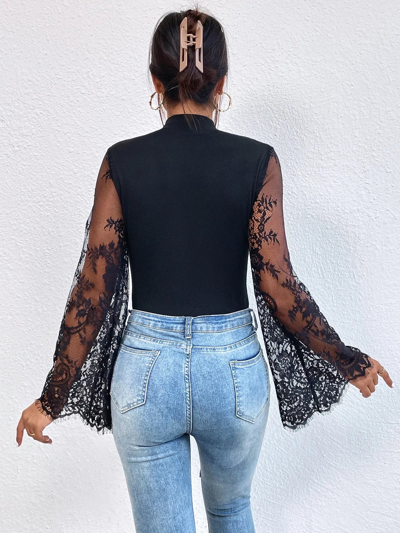 New Summer Cloths Women's Black Lace Patchwork Long Sleeved Flared Sleeve Round Neck Tight Sexy Jumpsuit Rompers