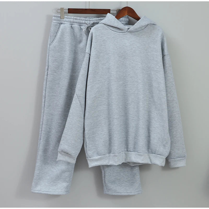 Casual Solid Couple's Hooded Sweatshirt And Loose Sweatpants 2 Piece Suit Male Autumn Jogging Sweatshirt Trousers Outfits Suits