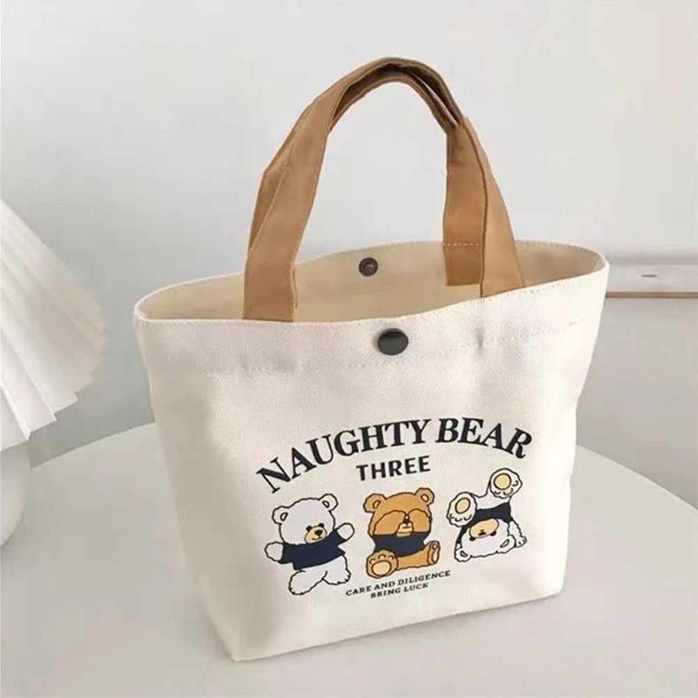 Small Versatile Handbag Cute Bear Mini Canvas Bag Female Student Lunch Box Bag Simple Tote Bag Office Worker Lunch Bag New