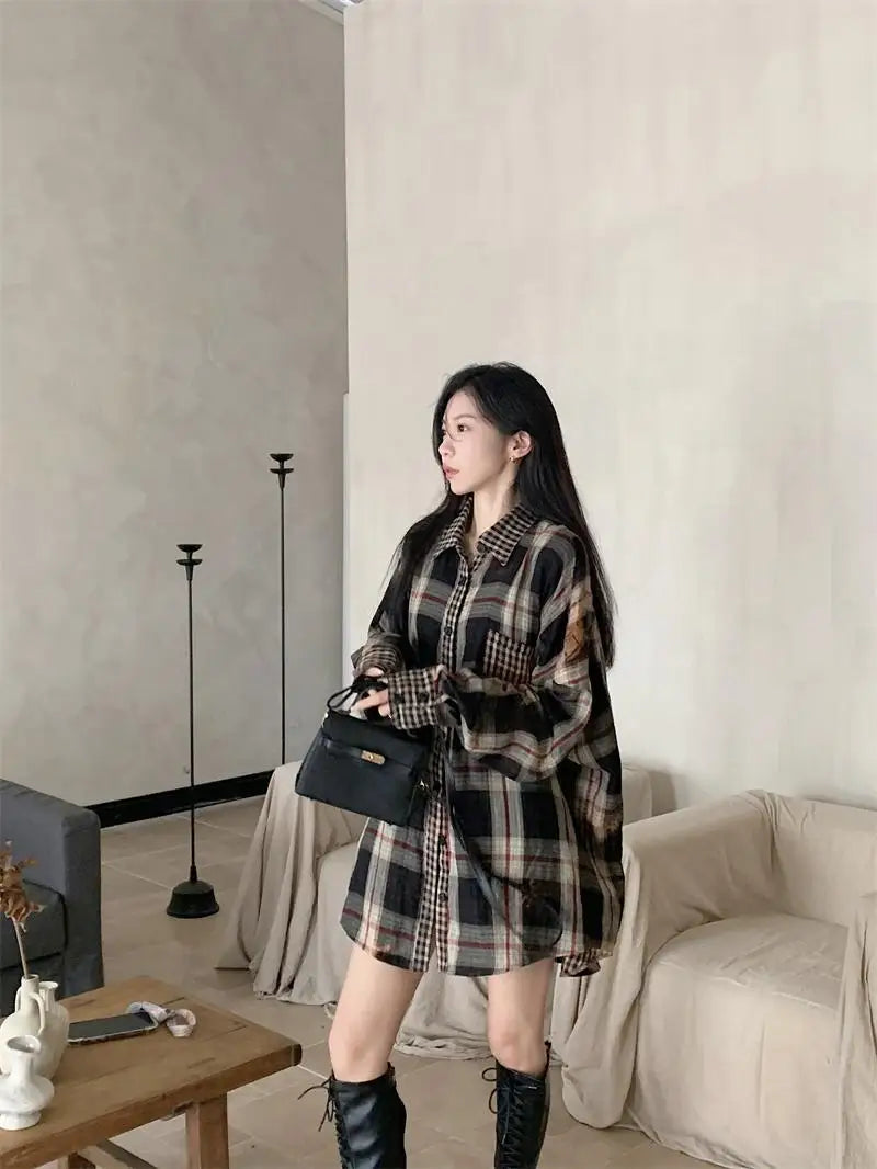 Onalippa Contrast Plaid Two Piece Sets Womens Outfits Turn Down Collar Casual Blouse Korean Chic Waist Belt Mini Pleated Skirts