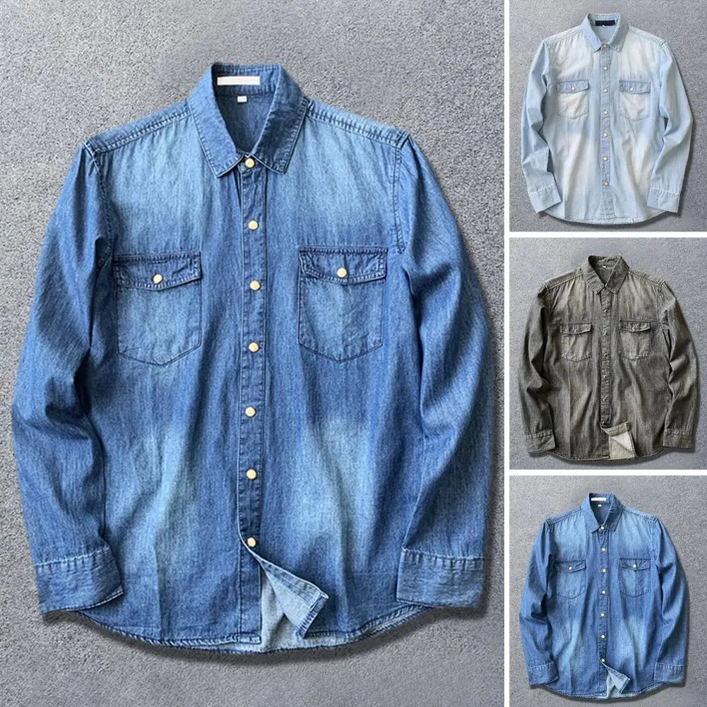 Men's Long-sleeved Solid Denim Shirt Fashion Classic Retro Denim Pocket Decoration Business Shirt Spring And Autumn Tops