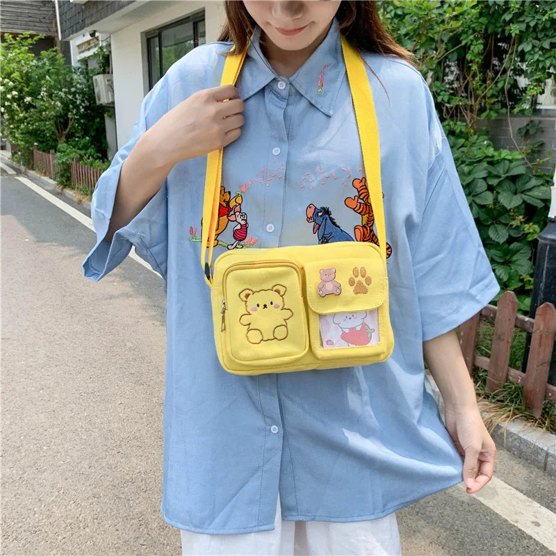 Canvas Small Bag Japanese ins Women Shoulder Bag Cute Funny Personality Embroidery Bear Girl Student Transparent Messenger Bag