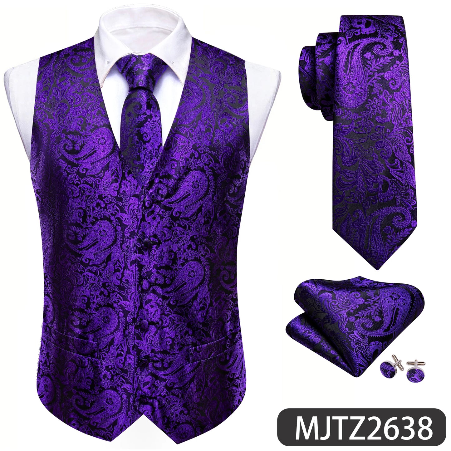 Lilac Purple Violet Lavender Silk Men Vest Tie Hanky Cufflinks Set Woven Waistcoat Sleeveless Jacket Wedding Business Barry.Wang