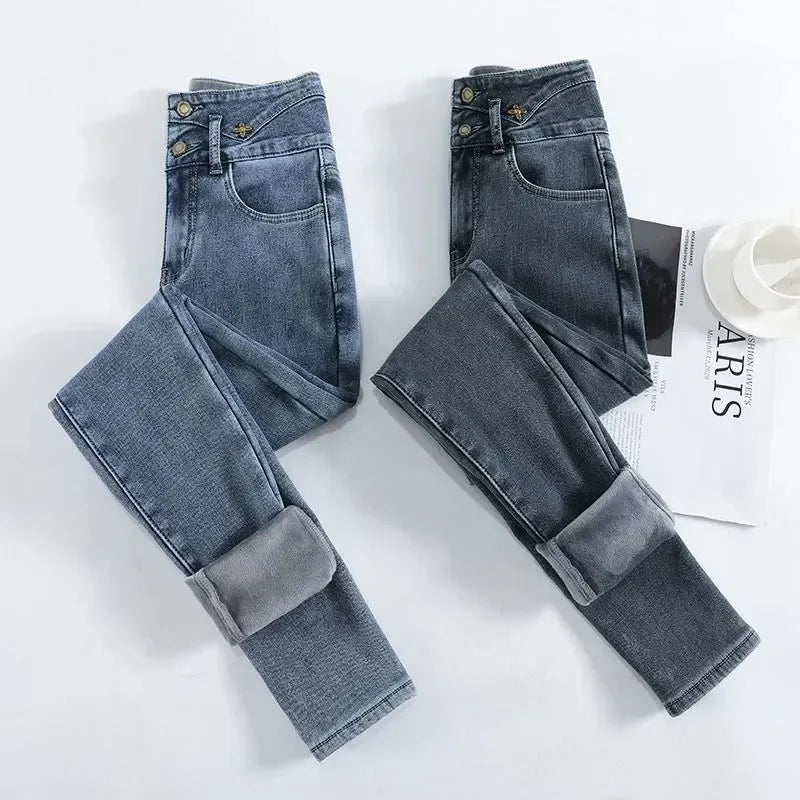 Women Thicken Skinny Pencil Jeans Winter Warm High Waist Stretch Velvet Lined Vintage Denim Pants Korean Solid Y2k Slim Vaqueros