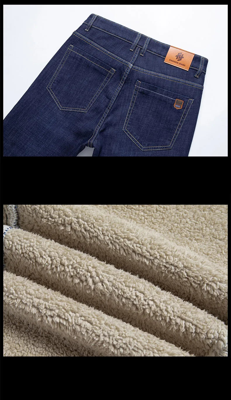 Pantalon droit en jean d'hiver en peluche d'agneau pour hommes, épais, grande taille 40, taille haute, extensible, doublé polaire, chaud, slim, Vaqueros