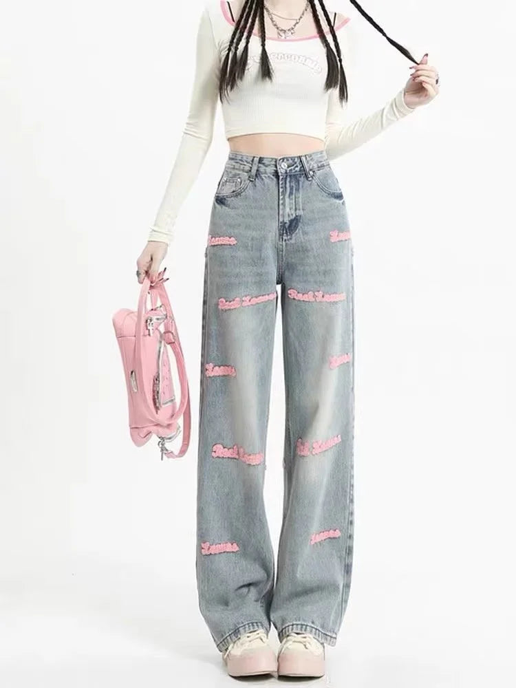 Loose Embroidered High-waist Women Jeans Spring Season Design Letter Straight Crotch Pants Slim Fit Dragging Long Pants