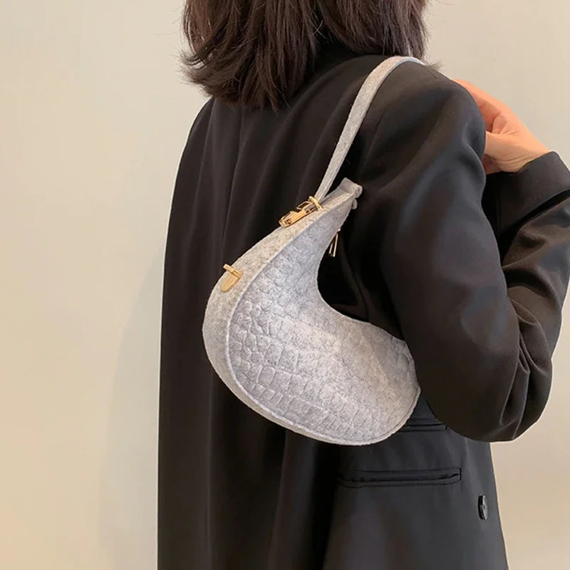 Fashion Vintage Handbags Women's Underarm Bag Korean Casual Solid Dumplings Bag Stone Pattern Felt Zipper Clutch Shoulder Bag