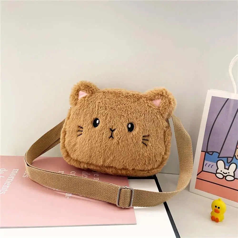 Plush Cartoon Children's Messenger Bag Cute Cat Lovely Kids Crossbody Handbags Zipper Little Girl Purse Gift For Child