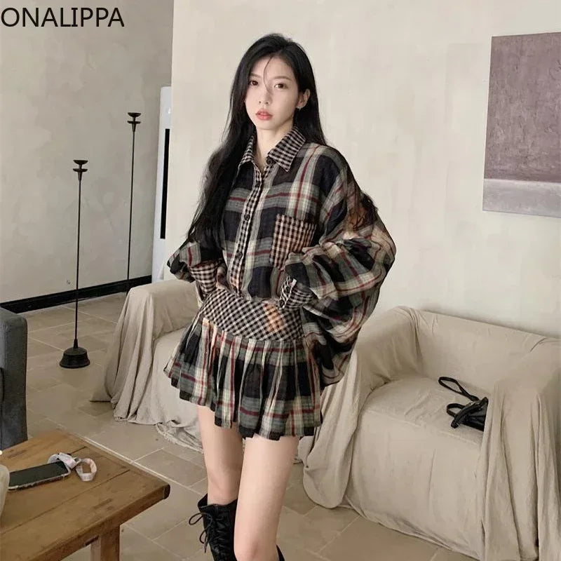 Onalippa Contrast Plaid Two Piece Sets Womens Outfits Turn Down Collar Casual Blouse Korean Chic Waist Belt Mini Pleated Skirts