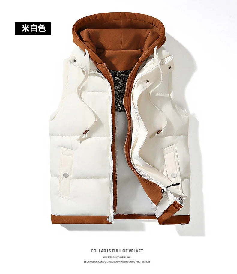 Korean Fashion Hooded Vest for Men Autumn Winter Casual Sleeveless Men Coats Windproof Sleeveless Men Cotton Jacket with Hood