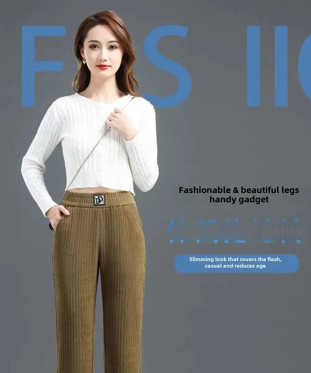 2024 Winter Fleece-lined Thickened Warm Women's Pants Harman Mothers Casual Loose Fit Straight Leg Pants Outerwear