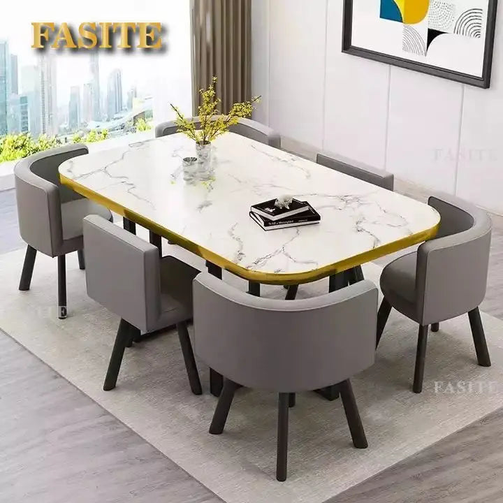 New 2024 Modern Marble Top White Classic Dining Table Living Room With 6 Chairs Set