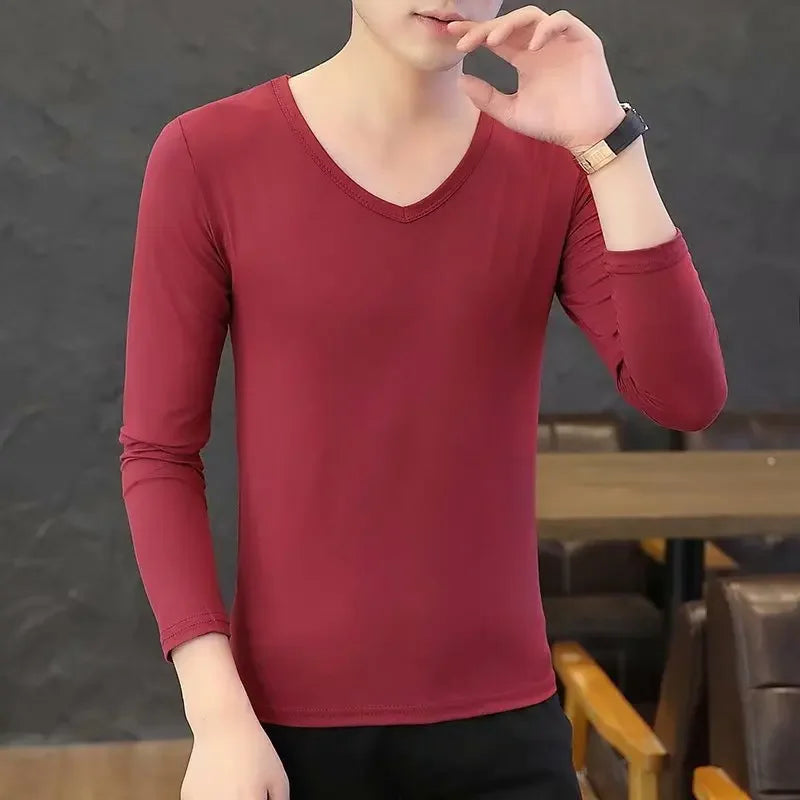 Men's Long Sleeve Black V-neck Base Layer T-shirt Solid Color Autumn Innerwear Thin Style Comfortable Men's Top