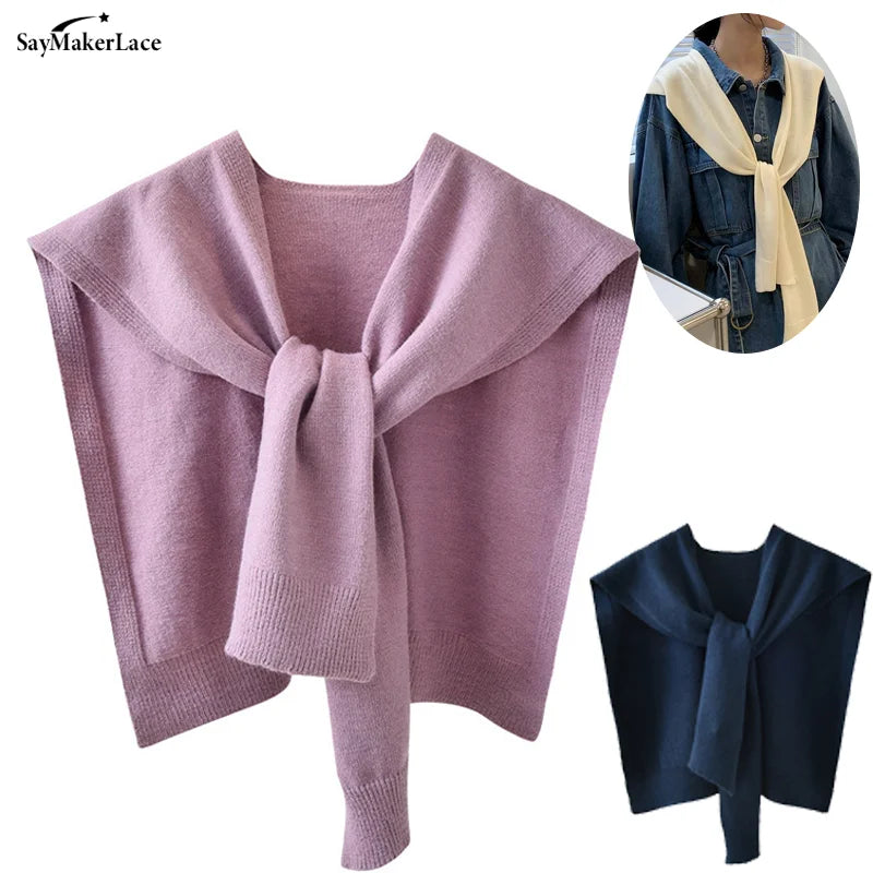 1pcs For Women Korean Knitted Shawl Summer Air Conditioning Fake Collar Neck Guard Knit Thin Knotted Cape Shoulder Scarf