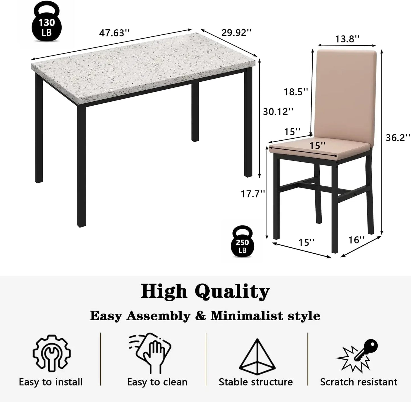 White Faux Marble Dining Table with 4 Upholstered Chairs, 5-Piece Dining Room Table Set for Small Space, Breakfast Table