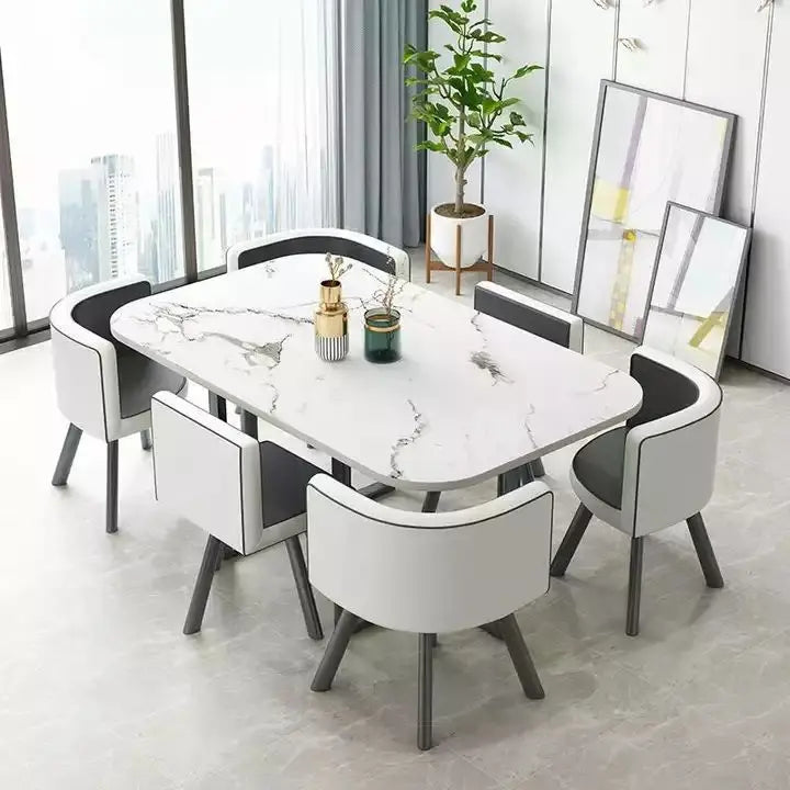 New 2024 Modern Marble Top White Classic Dining Table Living Room With 6 Chairs Set