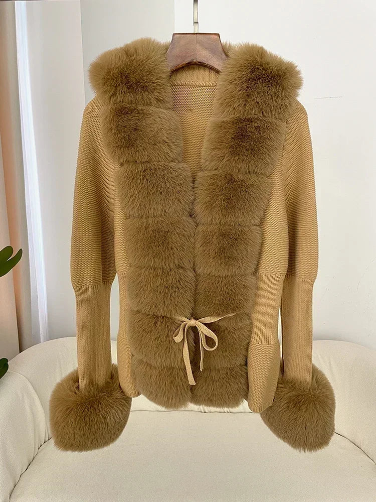 Autumn/Winter 2024 Women's Fur Coat Luxury Patchwork Knitted Sweater Bandage Fur Cardigan Detachable Collar Jacket Faux Fur Coat