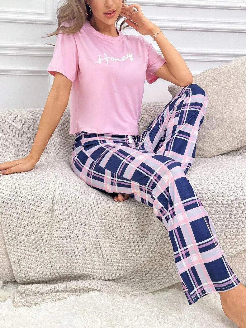 Women Pajama Set Super Soft Cotton Short Sleeve Pink Tops With Long Pants  Two Pieces High Quality Sexy Lingerie Homewear Set