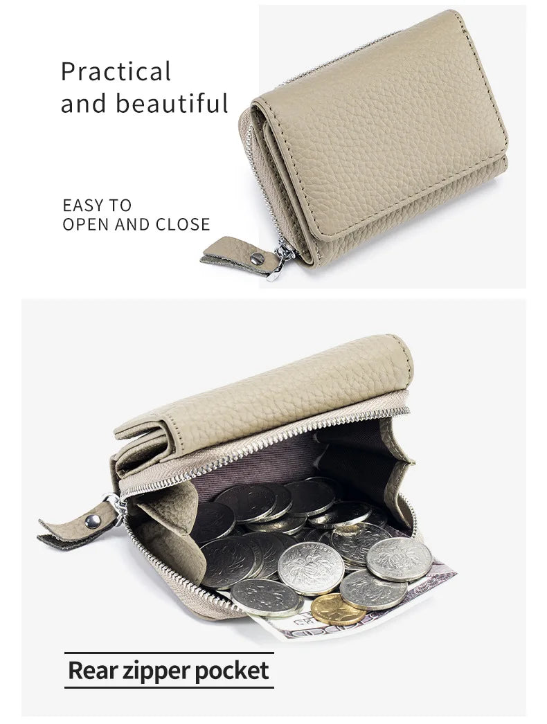 Genuine Leather RFID Short Wallets Card Holder Bag Portable Cowhide Small Zipper Money Coin Purse For Men Women Earphone Pouch