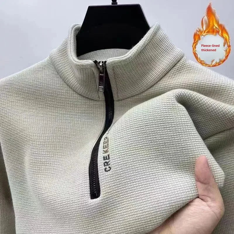 New Men's Fleece-lined Thickened Sweatshirt Half-zip Up Winter Warm Casual Long Sleeve Stand Collar Base Layer Top