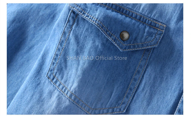 SHAN BAO classic brand double pocket button 100% cotton denim shirt 2022 spring high quality men's slim long-sleeved shirt