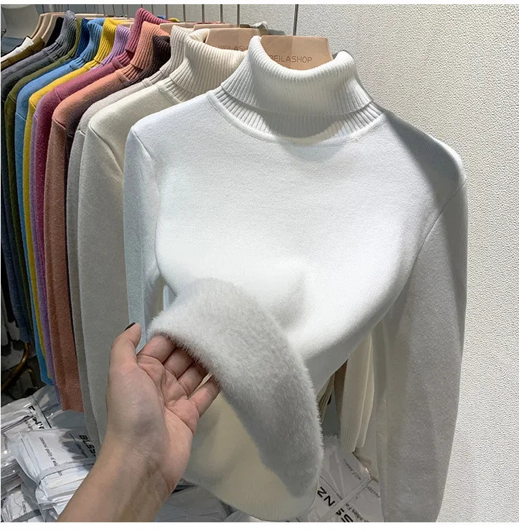 Fleece-lined Thickened High Collar Sweater For Women Autumn/winter Stylish Knit Warm Top Trendy Fleece-lined Base Layer Top