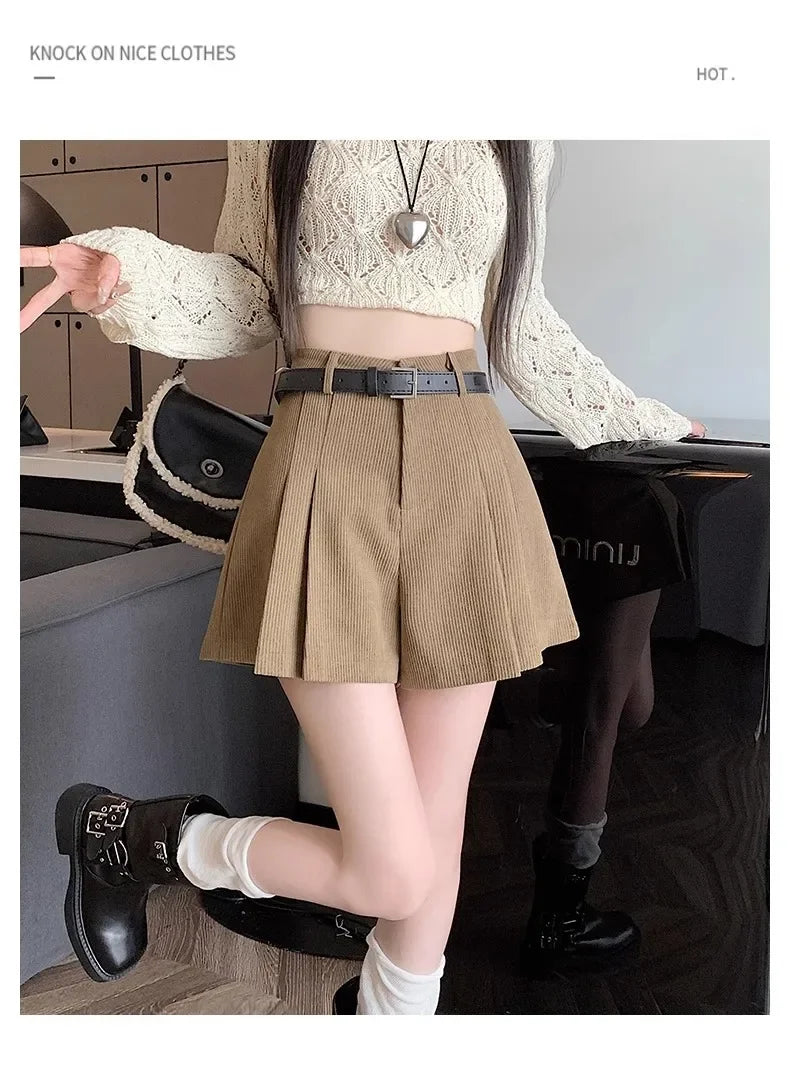 Corduroy Velvet Women Shorts Autumn Winter High Waist Slim Flared Trousers Fashionable Temperament A- crotch Boots