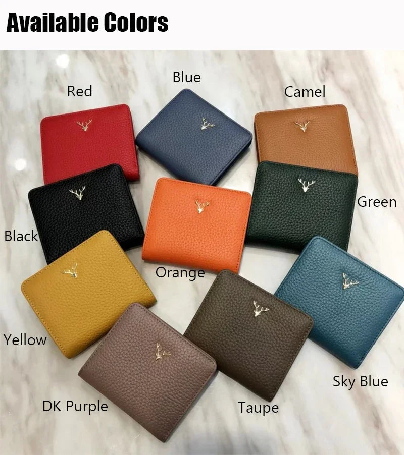 Cowhide Women's Purses Short Thin Small Wallet Chic Christmas Deer Button Ladies Genuine Leather Card Holder Wallet Coin Purse