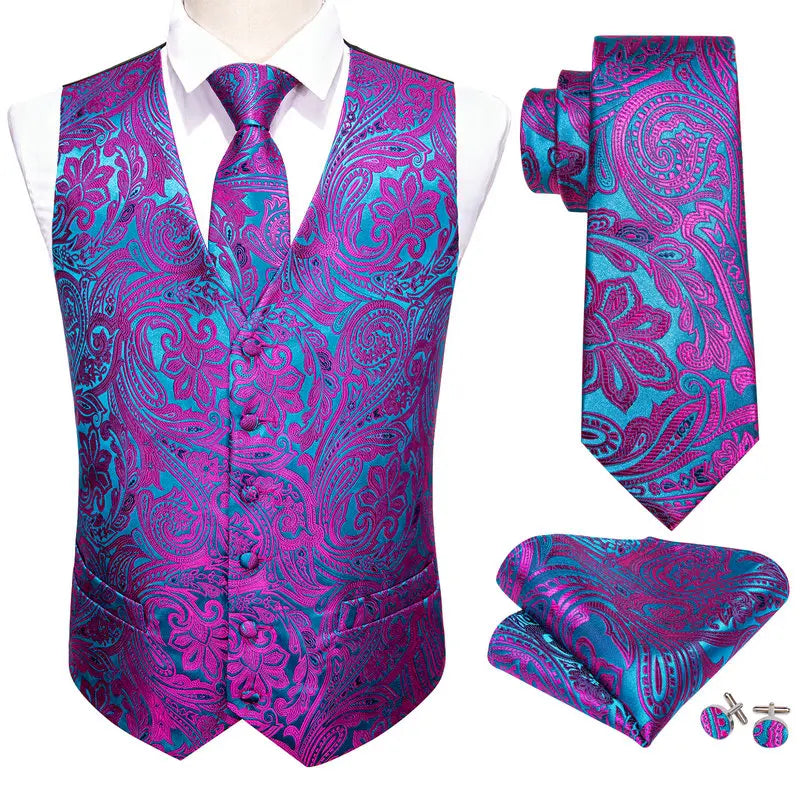 Luxury Vest for Men Silk Green Blue Silver Gray Gold Pink Embroidered Paisley Floral Male Waistocoat Tie Suit Formal Casual