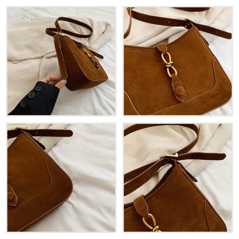 Winter Trendy Frosted PU Leather Shoulder Bag for Women Quiet Luxury Burgundy Bag Lady Solid Color Crossbody Bags Suede Purse