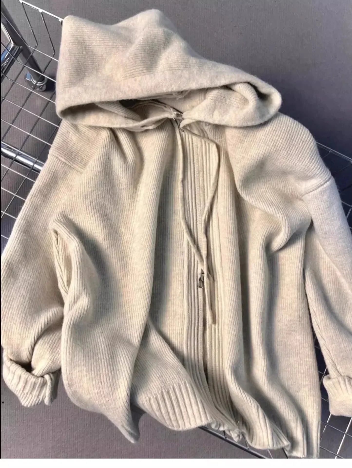 Pull à capuche gris pour femme, manteau, printemps, automne, double fermeture éclair, manches longues, cardigans tricotés amples, sweats à capuche simples et assortis