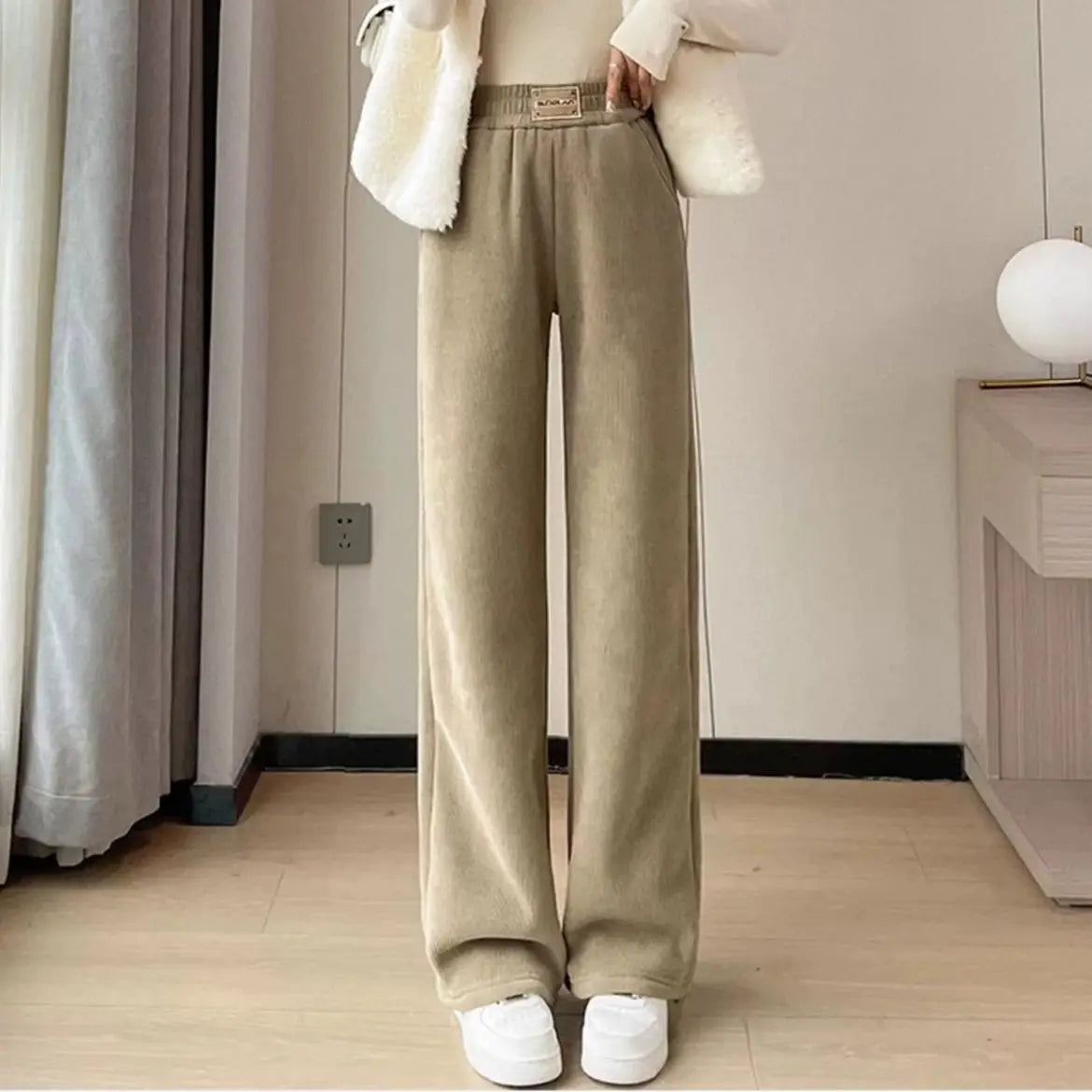 Winter Warm Thicken Lambswool Straight Pants Women Casual Elastic High Waist Fleece lined Wide Leg Pantalones Chic Baggy Pants