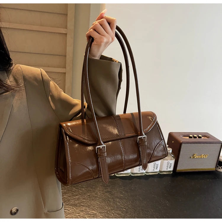 High End Burgundy Oil Wax Leather Underarm Bag Elegant Women's Magnetic Buckle Shoulder Bag Commuter Versatile Ladies Tote Bags