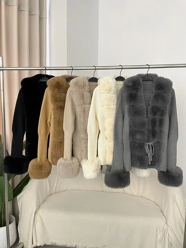 Autumn/Winter 2024 Women's Fur Coat Luxury Patchwork Knitted Sweater Bandage Fur Cardigan Detachable Collar Jacket Faux Fur Coat