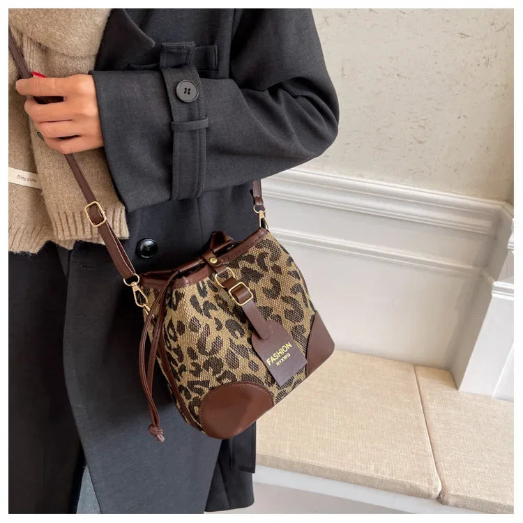 Leopard Small PU Leather Women Bucket Crossbody Bags 2024 Fall Designer Shoulder Bag Luxury Brand Ladies Handbag Lady Trend Tote