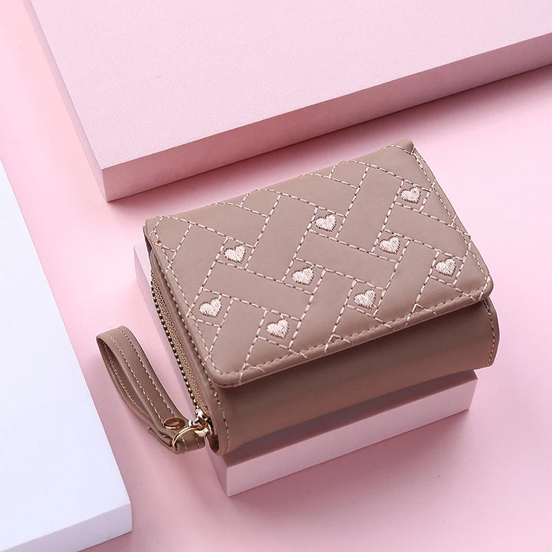 Women's Wallet For PU Leather Fashion Embroidered Love Tri-fold Small Wallet Card Holder Multi-card Slot Coin Purses