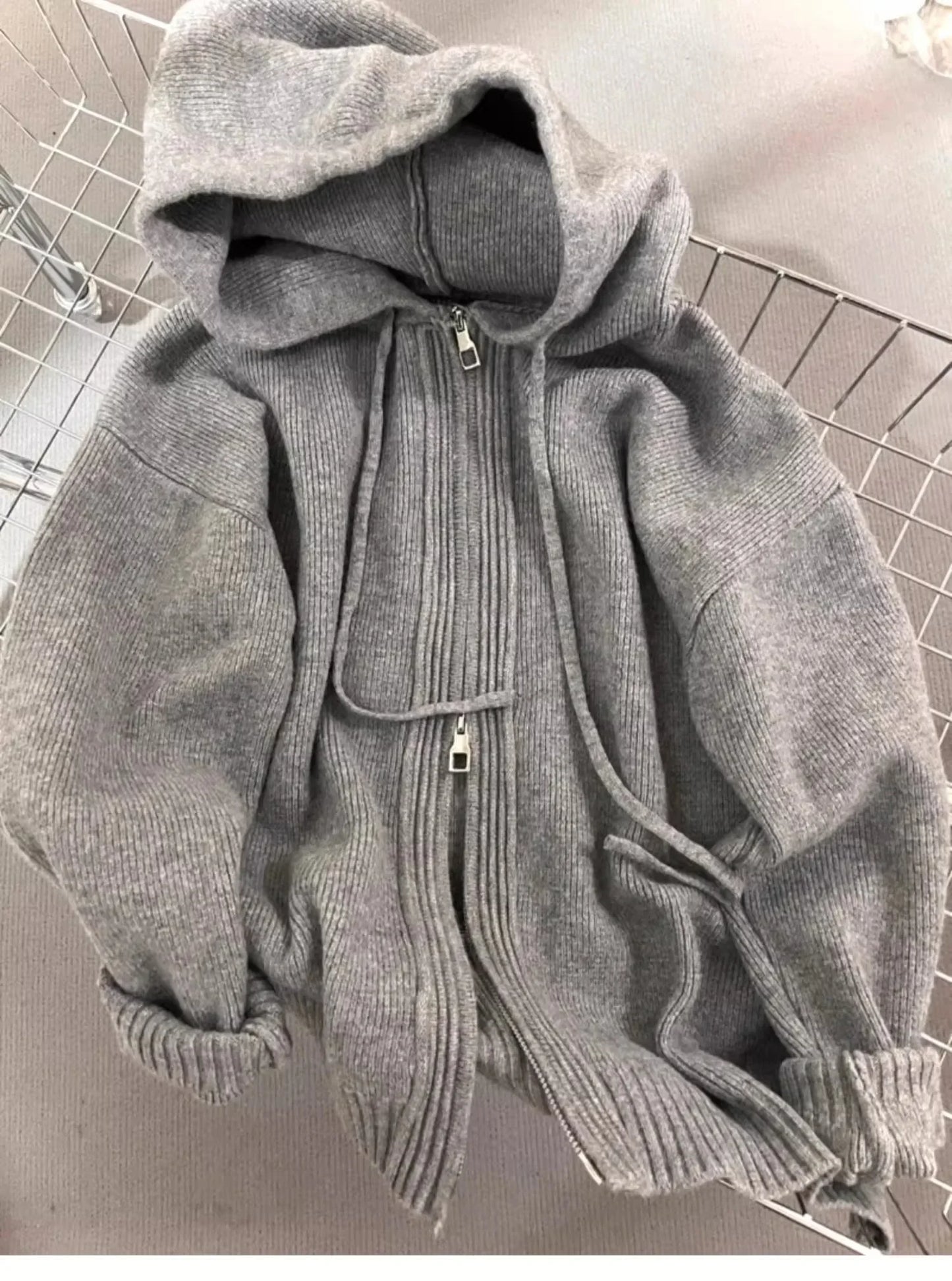 Pull à capuche gris pour femme, manteau, printemps, automne, double fermeture éclair, manches longues, cardigans tricotés amples, sweats à capuche simples et assortis